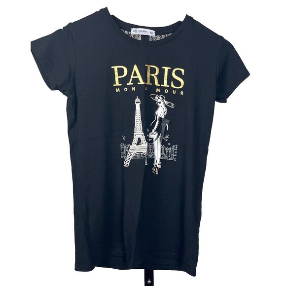 Air de Paris Top Eiffel Tower T Shirt Short Sleeve Stretch Black‎ Women Medium - Picture 1 of 3